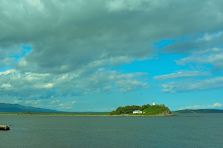 Gloomy seascape line horizon Sea Lighthouse. Natural backgroundの写真素材