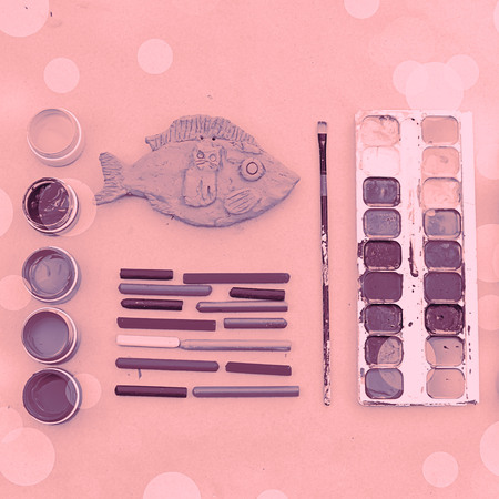 A set of materials for creativity and drawing Hobbies. Classes for creativity with children. Flat lay top viewの写真素材