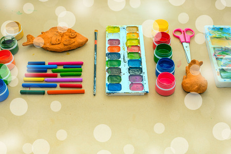 A set of materials for creativity and drawing Hobbies. Classes for creativity with children. Flat lay top viewの写真素材