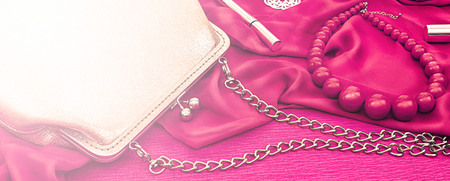 Banner A set of women's accessories. A bright image of the modern fashionable woman. Top view Flat Layの写真素材