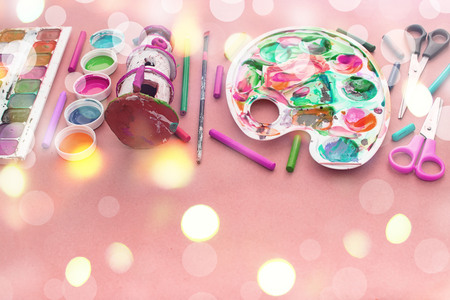 A set of materials for creativity and drawing Hobbies. Classes for creativity with children. Flat lay top viewの写真素材