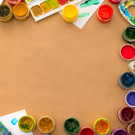 Decorative composition Frame materials for creativity and design. Bright colors saturated. Flat lay top viewの写真素材