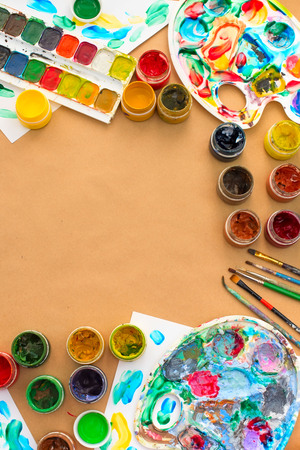 Decorative composition Frame materials for creativity and design. Bright colors saturated. Flat lay top viewの写真素材