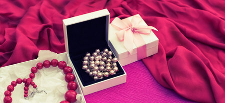 Banner Decorative composition preparation for the holiday Decoration gifts. Purchase a Set of women's jewelry. Blurred backgroundの写真素材