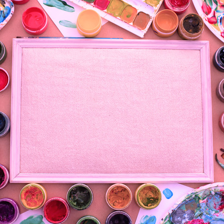 Decorative composition Frame materials for creativity and design. Bright colors saturated. Flat lay top viewの写真素材