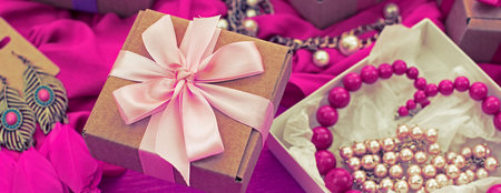 Banner Decorative composition preparation for the holiday Decoration gifts. Purchase a Set of women's jewelry. Blurred backgroundの写真素材