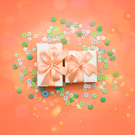 Decorative gift box with a colored background. Top view Flat Lay