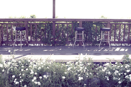 Wooden outdoor bar. Area Bar counter and chairs with sea viewsの写真素材