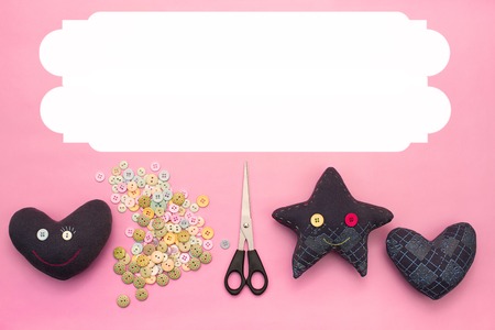 Soft handmade toys. Materials for artistic buttons, scissors, toy star. Children's creativity. Flat layの写真素材