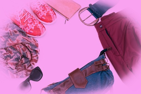 Set of women clothes casual style. Modern accessories of a young woman. Top view Flat Layの写真素材