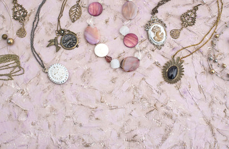 Great set of jewelry for women. Beautiful necklaces, earrings with feathers.の写真素材