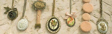 Set of beautiful jewelry for women. Top view flat layの写真素材