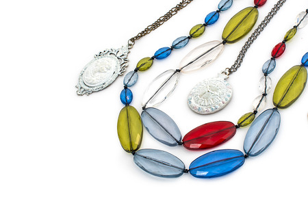 Fashionable jewelry for women on a white background. Beads, necklace.の写真素材
