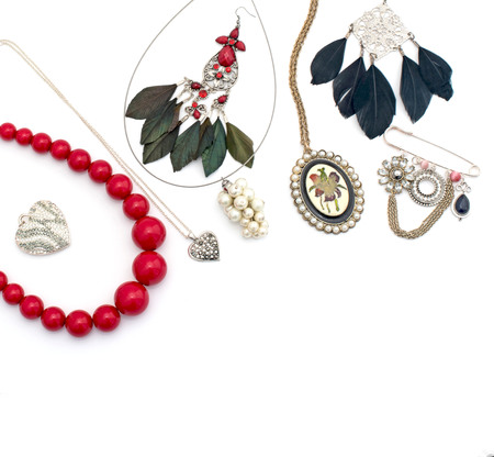 Fashionable jewelry for women on a white background. Necklace red.の写真素材