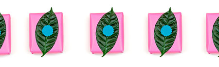 Banner Set of holiday boxes with gifts. Top view Flat Lay