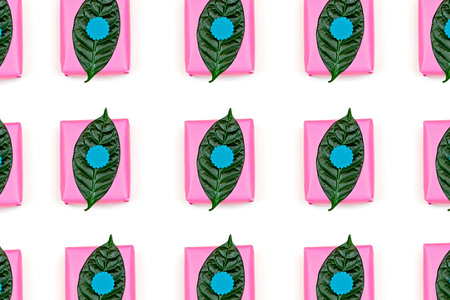 Set of holiday boxes with gifts. Top view Flat Layの写真素材