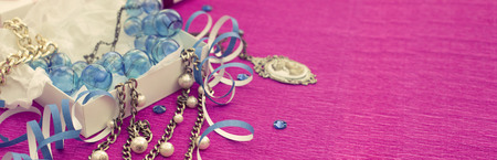 Banner The decorative composition is Packed in a gifts box for women. Beautiful jewelry Chain Necklace Cameo Vintage style.の写真素材
