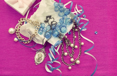 The decorative composition is Packed in a gifts box for women. Beautiful jewelry Chain Necklace Cameo Vintage style.の写真素材