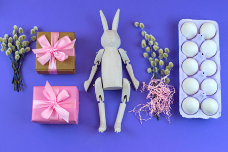 Easter set gift box with branches catkins White egg. The view from the top Place for text....