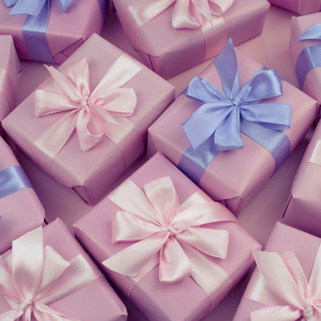 Decorative holiday gift boxes with pink color on pink background. Vintage style. Flat flat top view