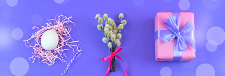 Banner Easter set gift box with branches catkins White egg.