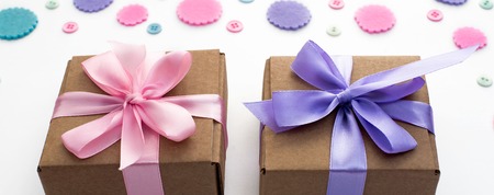 Banner Two Gift boxes on festive background of pastel confetti.の写真素材