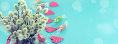 Banner Festive composition in a Glass vase with twigs catkins.の写真素材