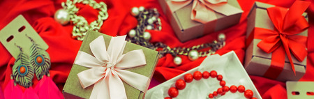 Banner Decorative composition preparation for the holiday Decoration gifts. Purchase a Set of women's jewelry. Blurred backgroundの写真素材