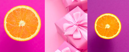 Banner Juicy Ripe Orange On a Pink background. Festive collage boxes with gifts. Advertising poster