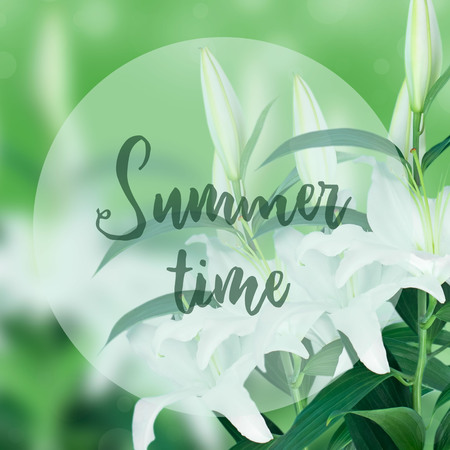 Natural bouquet of lilies on green blurred background. Copy space for textの写真素材