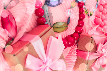 Composition of Fashionable Women's Accessories Jewelry Box gift Red Beads Pink Scarf on a White Background. Flat lay top viewの写真素材