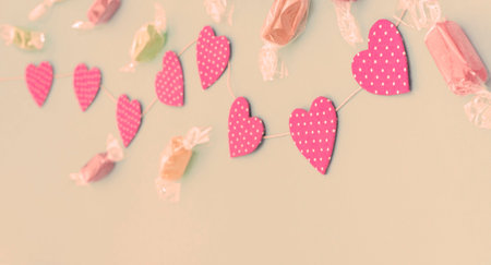 Banner Festive background with Bright garlands of Candy Confetti. Top view Flat Layの写真素材