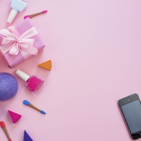 The composition of a Set of Women's accessories, cosmetic items gift cocktail. Top view of Flat lay Copy space for text.の写真素材