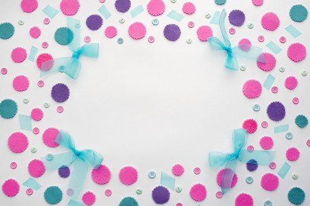 Decorative background with Bright festive confetti. The view from the top lay flat.の写真素材