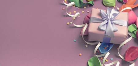 Banner, Festive background decorative composition materials for celebration and decoration. The view from the top flat lay. Purple Pink backgroundの写真素材