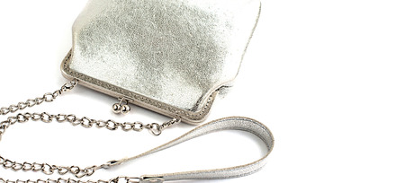 Banner Women's accessory bag in silver color on white background. Isolated item top viewの写真素材