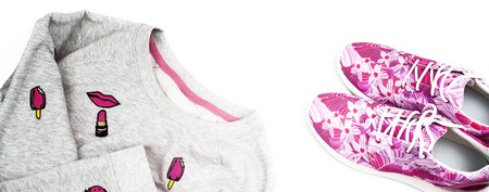 Banner Buy fashionable women's sneakers and sweatshirts. Fashionable women's clothing. Top view Flat layの写真素材