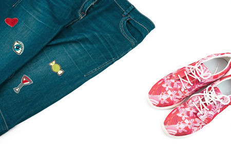 Set of women clothes casual style. Modern accessories of a young woman. Top view Flat Layの写真素材