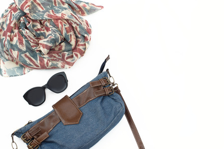 Set of women accessories Scarf Handbag Sunglasses Belt. Womens fashion flat layの写真素材