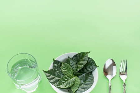 Breakfast dish set plate fork spoon ingredients. Top view copy space for text flat layer. The concept of healthy eatingの写真素材