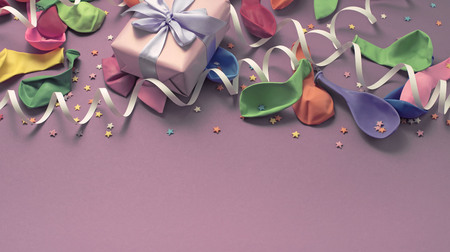 Banner, Festive background decorative composition materials for celebration and decoration. The view from the top flat lay. Purple Pink backgroundの写真素材