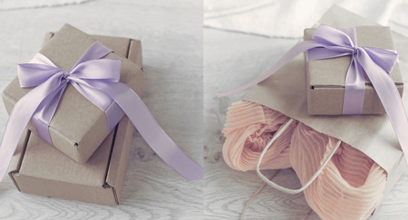 banner boxes with gifts. Women's jewelry on a light wooden background. collage pack with shopping and gifts. collage pack with shopping and giftsの写真素材