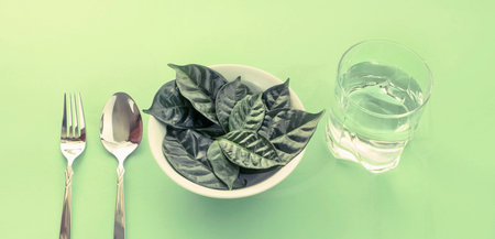 Banner Breakfast dish set plate fork spoon ingredients. Top view copy space for text flat layer. The concept of healthy eatingの写真素材