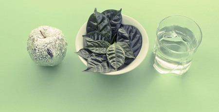 Banner set of useful ingredients for a healthy diet. The concept of healthy eating. Green copy space backgroundの写真素材