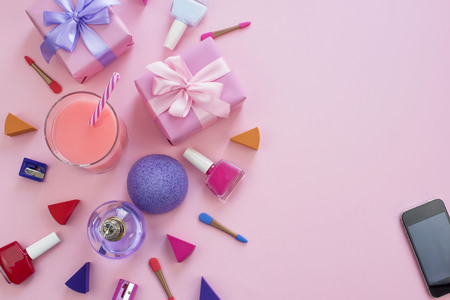 The composition of a Set of Women's accessories, cosmetic items gift cocktail. Top view of Flat lay Copy space for text.の写真素材