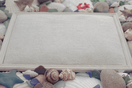 Natural wooden retro sea shell stone background. Decorative composition flat layの写真素材