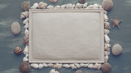 Banner Natural wooden retro sea shell stone background. Decorative composition flat layの写真素材