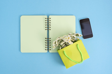 Open notebook for records lies on the surface of the cocktail pink glass tube bouquet of chrysanthemums. The pastel blue background copy spaceの写真素材