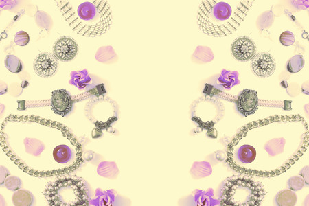 Surrealism Set of women's jewelry in vintage style necklace cameo pearl bracelet chain earrings on white background. The view from the top lay flat.の写真素材