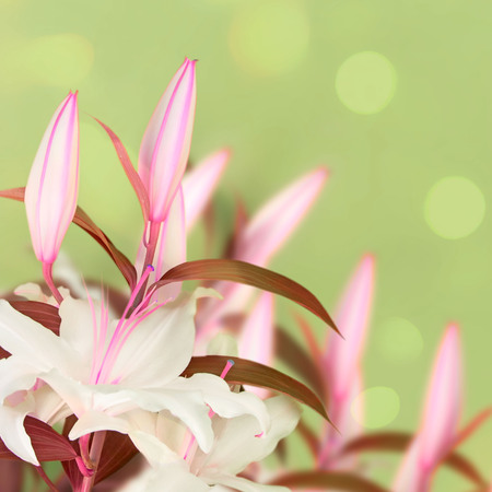 Surrealism natural bouquet of lilies on green blurred background. Copy space for textの写真素材